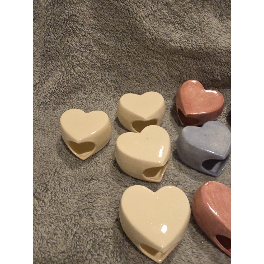 Set Of 12 Heart Shaped Ceramic Napkin Rings Pink Blue And White - Picture 3 of 5